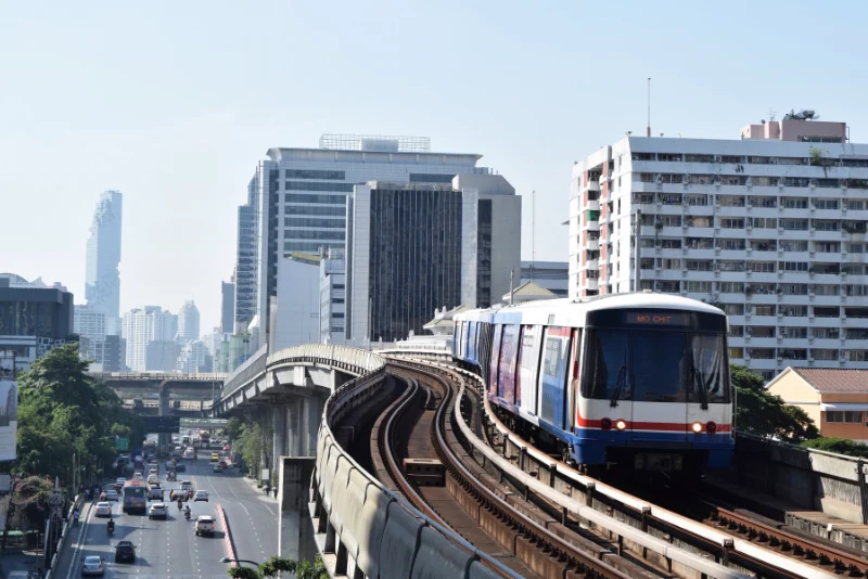 Bangkok BTS Skytrain elevated railway showing modern Thai urban infrastructure and accessible property investment areas for American expats in Thailand