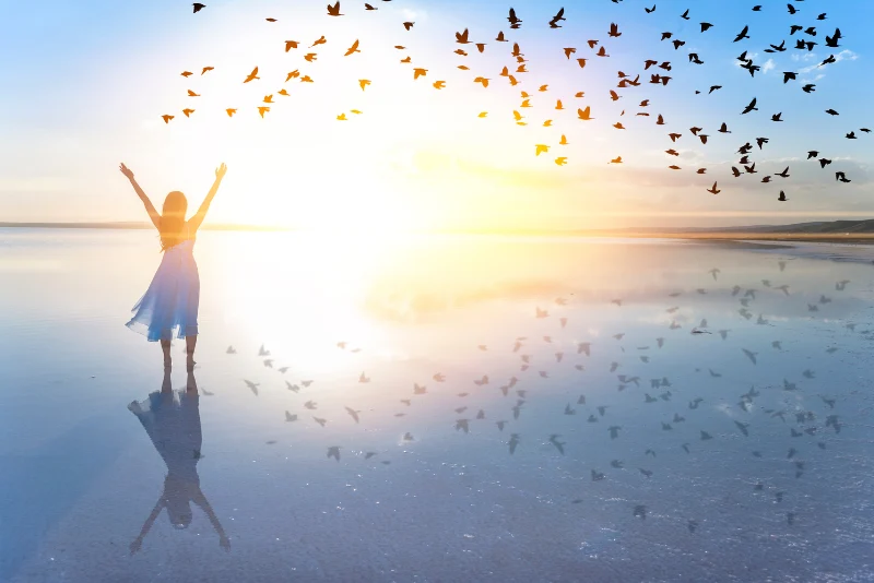 Person with arms raised in celebration at sunrise over a reflective lake symbolising financial freedom and the life goals American expats achieve through structured financial planning in Thailand